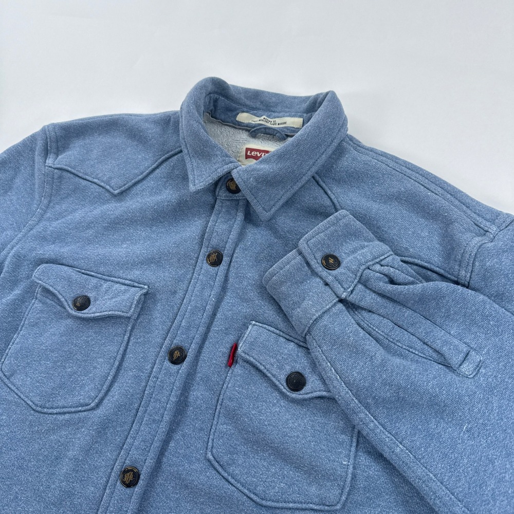 Levis Mens Shirt Jacket Large Blue Modern Fit Western Knit Snap Button Overshirt